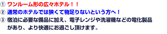 ワンルーム形の広々ホテル！